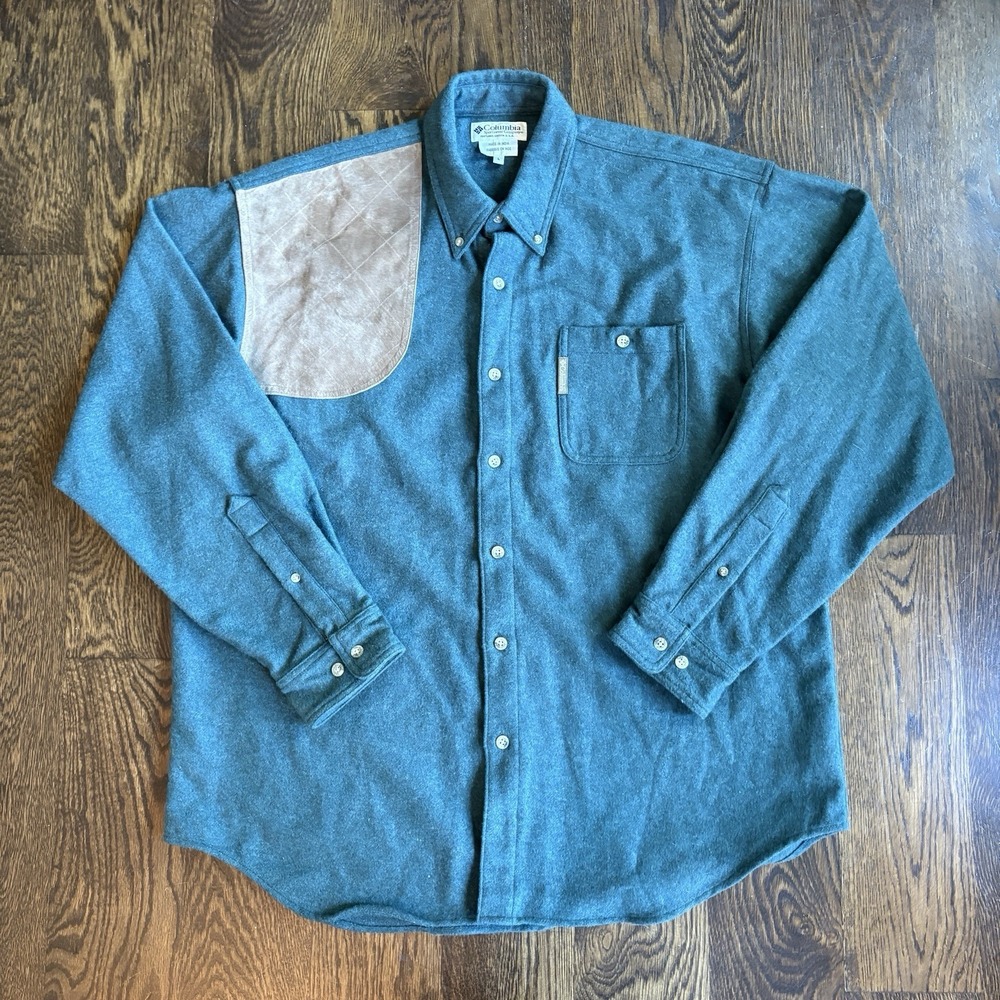 VTG Columbia Shirt Mens L Green Wool Blend Leather Patch Shooting Hunting Work